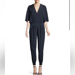 Halston Heritage Cap Sleeve Hooded Zip Jumpsuit Navy Blue NEW